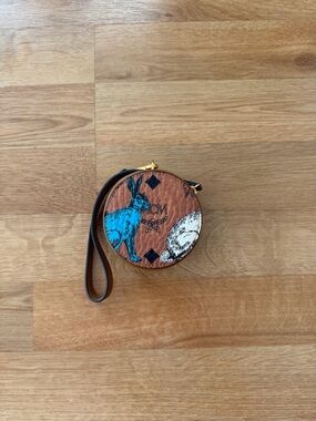MCM Brown Round Wristlet with Blue Rabbit Motif